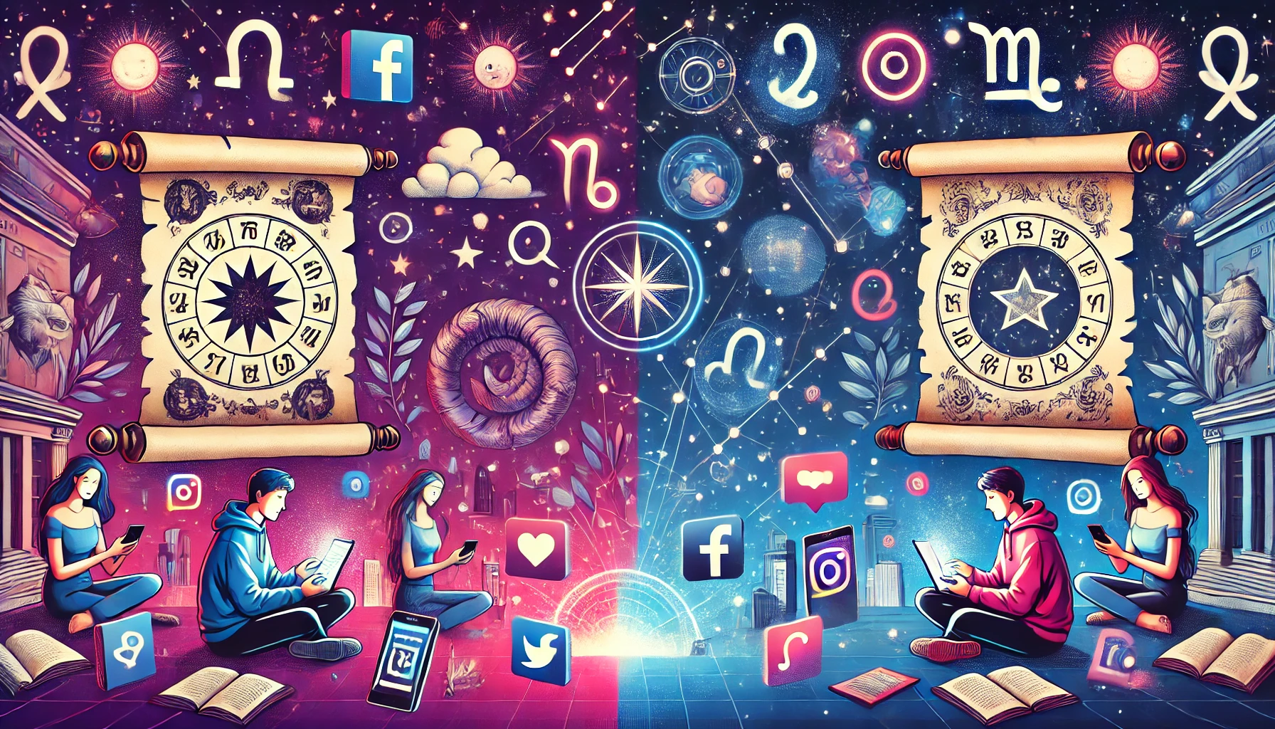 Ілюстрація відображає сучасні тенденції в астрології, поєднуючи традиційні зодіакальні символи з сучасними технологіями та соціальними мережами. Вона показує, як давня практика адаптується до цифрового світу, залучаючи нове покоління.